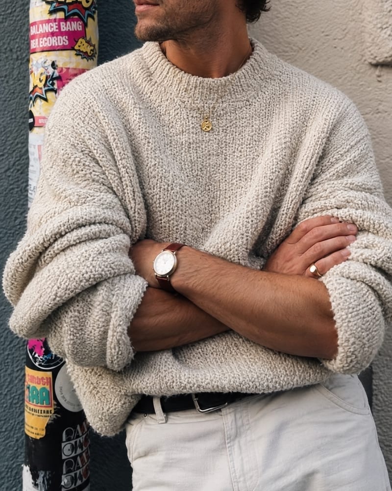 Oversized oatmeal crew-neck knit with arms folded, showing a brown leather watch