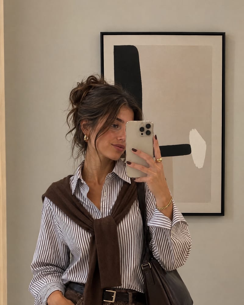 Mirror selfie in a striped shirt with a brown sweater tied over the shoulders