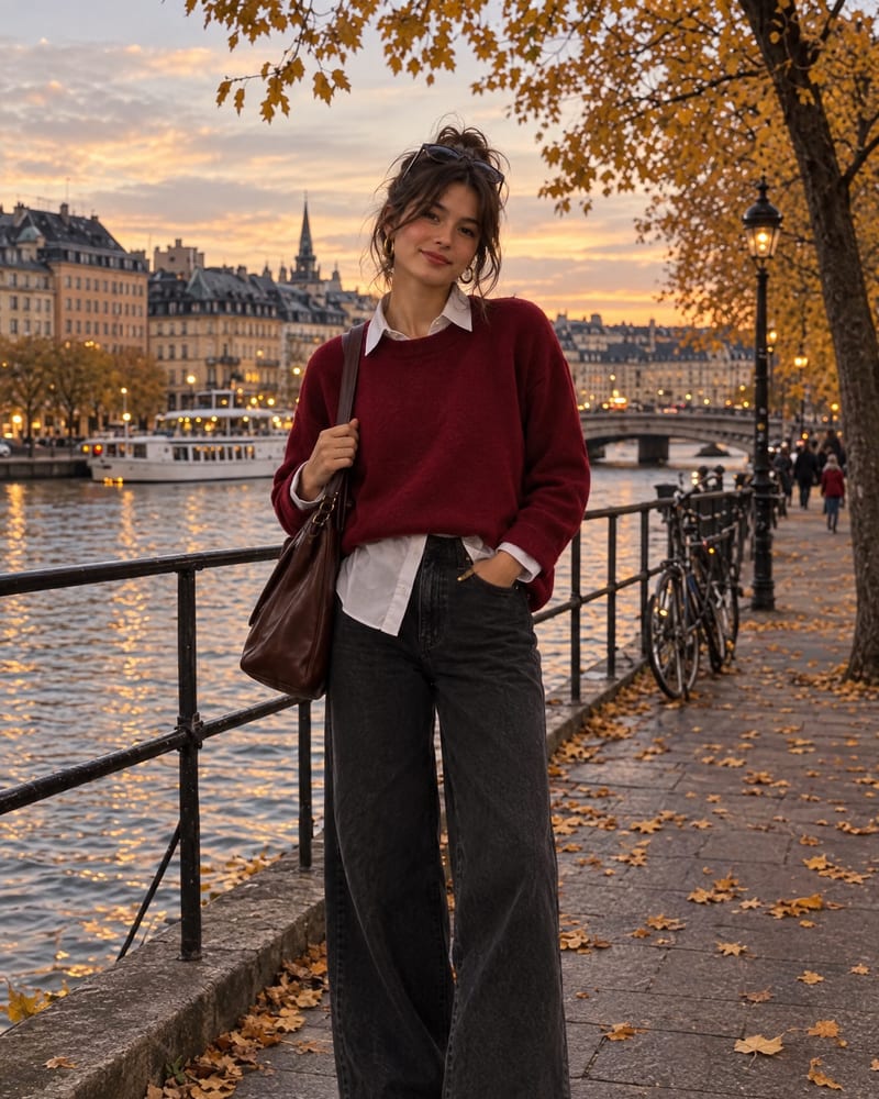 Burgundy sweater over a white collar with black wide-leg jeans, on a riverside path under yellow leaves