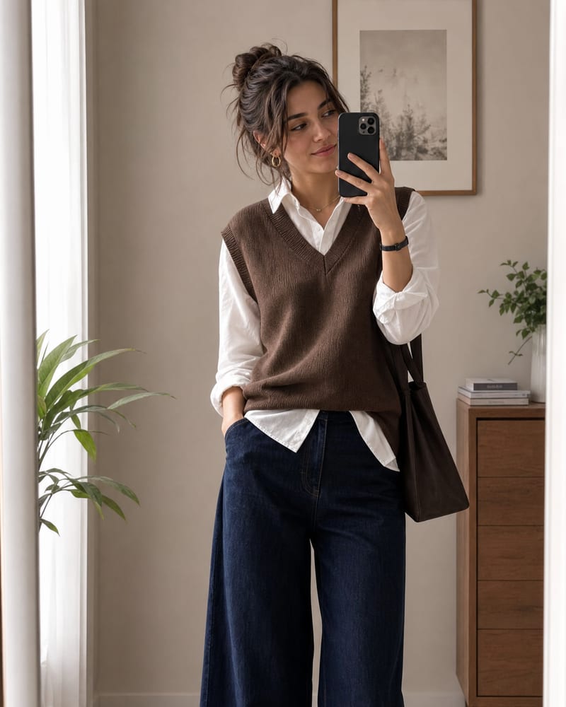 Mirror selfie in a brown knit vest over a white shirt, dark wide-leg jeans and loafers